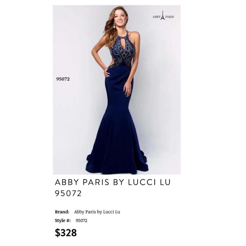 Abby Paris navy blue backless gown with halter neckline and gems. Size 2.